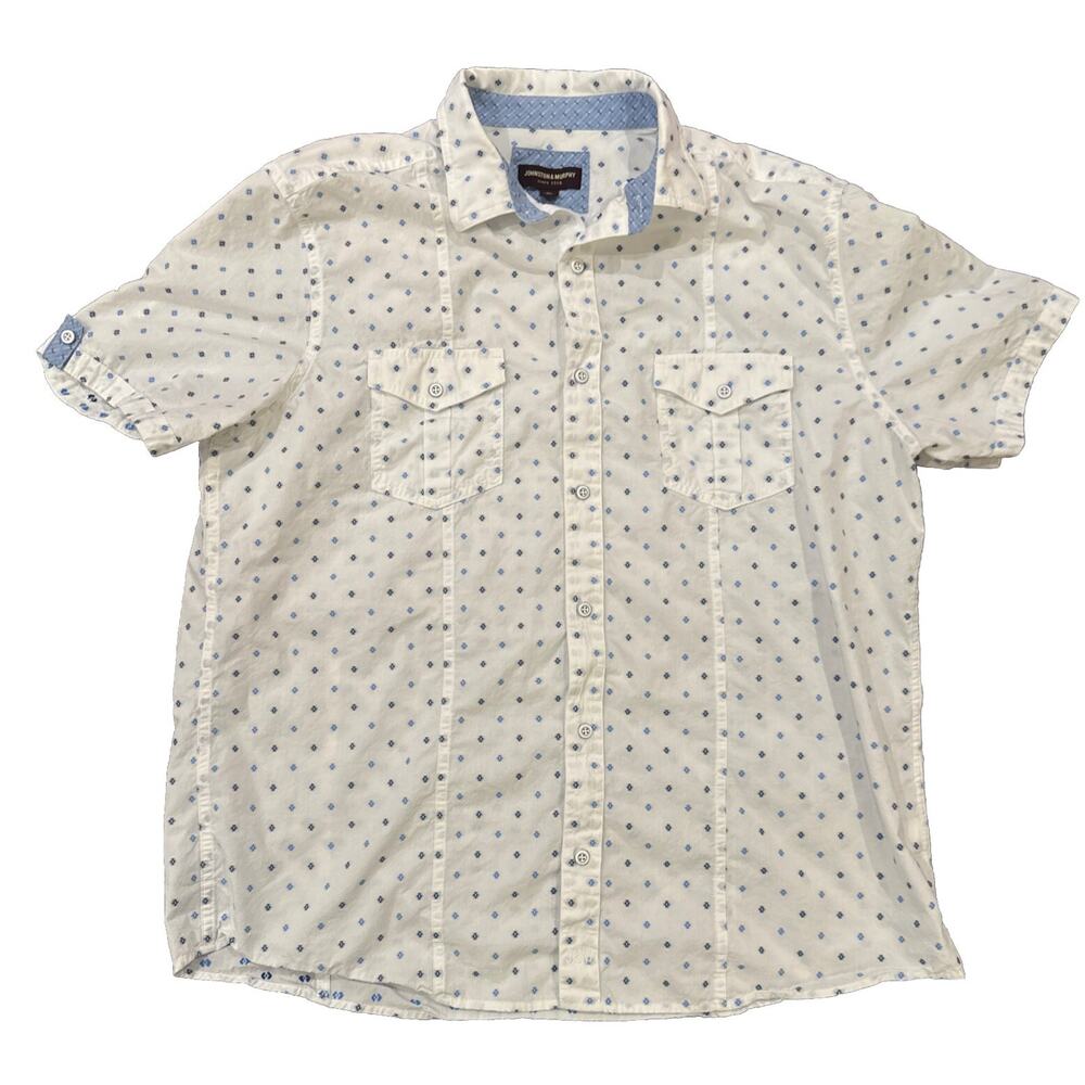 Johnston & Murphy Shirt Mens XL White Cross Print Button Down short Sleeve